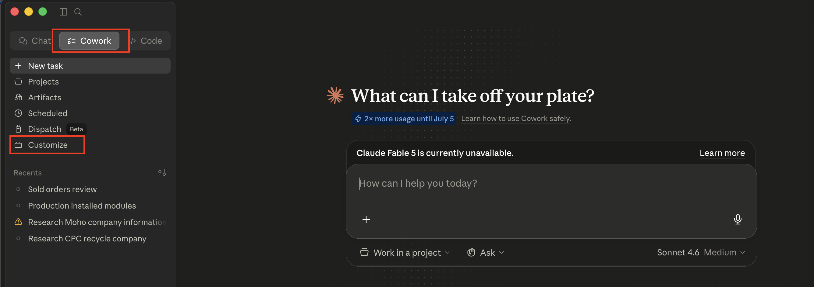 Open the Customize panel from the Claude Cowork sidebar