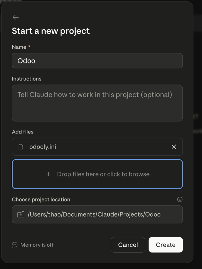 Name the project and attach odooly.ini as a project file