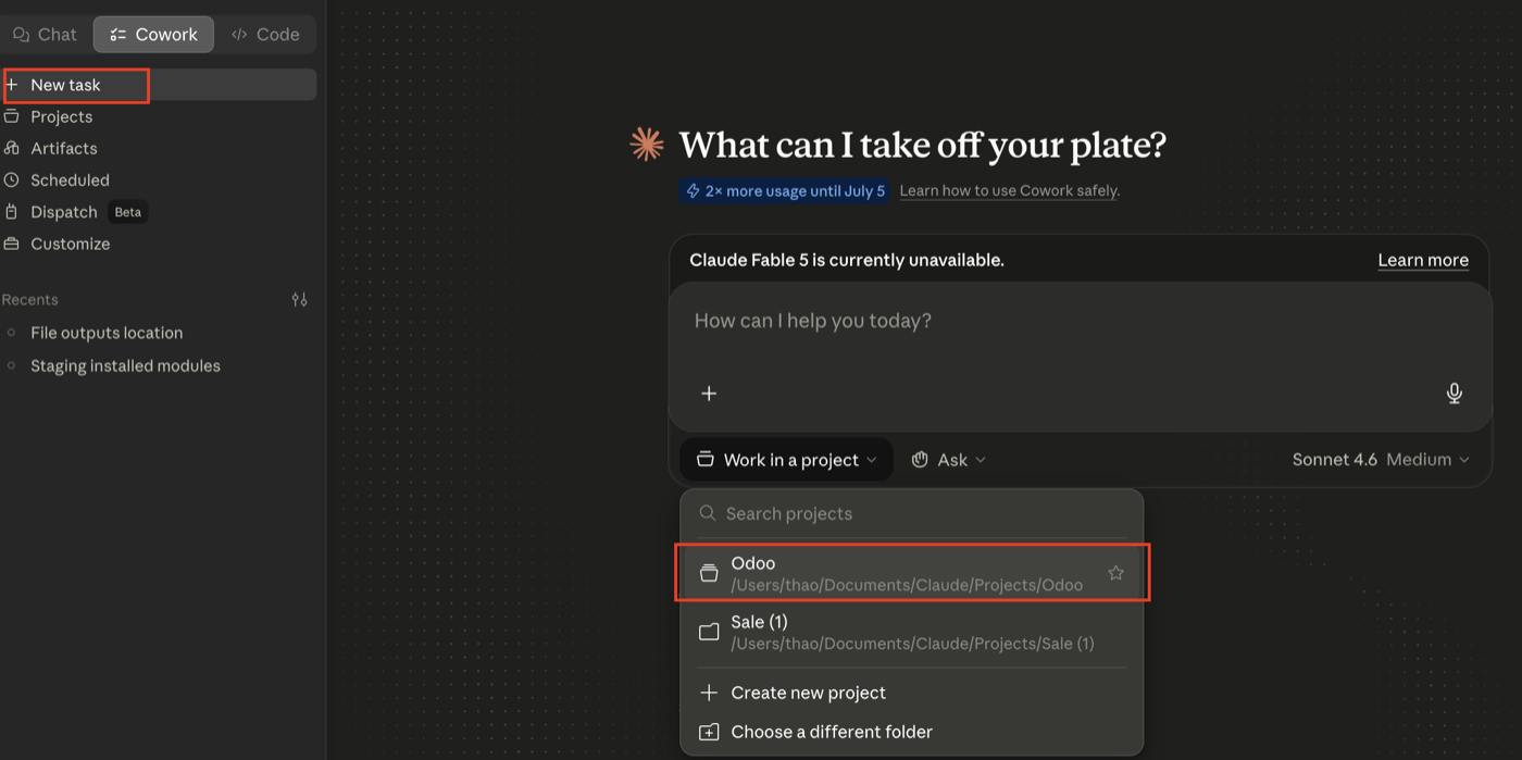 Select the Odoo project from Work in a project
