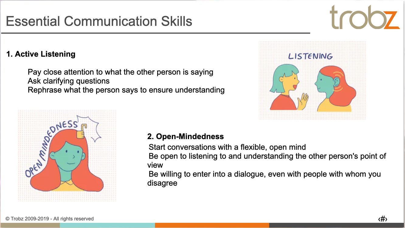 A PowerPoint slide titled Essential Communication Skills, with Active Listening and Open-Mindedness bullet groups and two illustrations