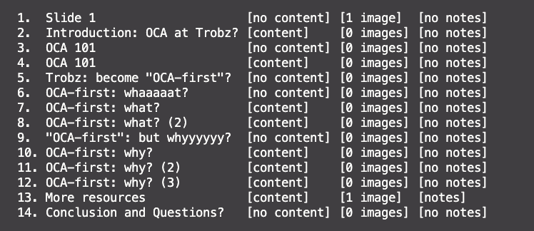 The outline operation output: a numbered list of slide titles, each tagged with content, image count, and notes status