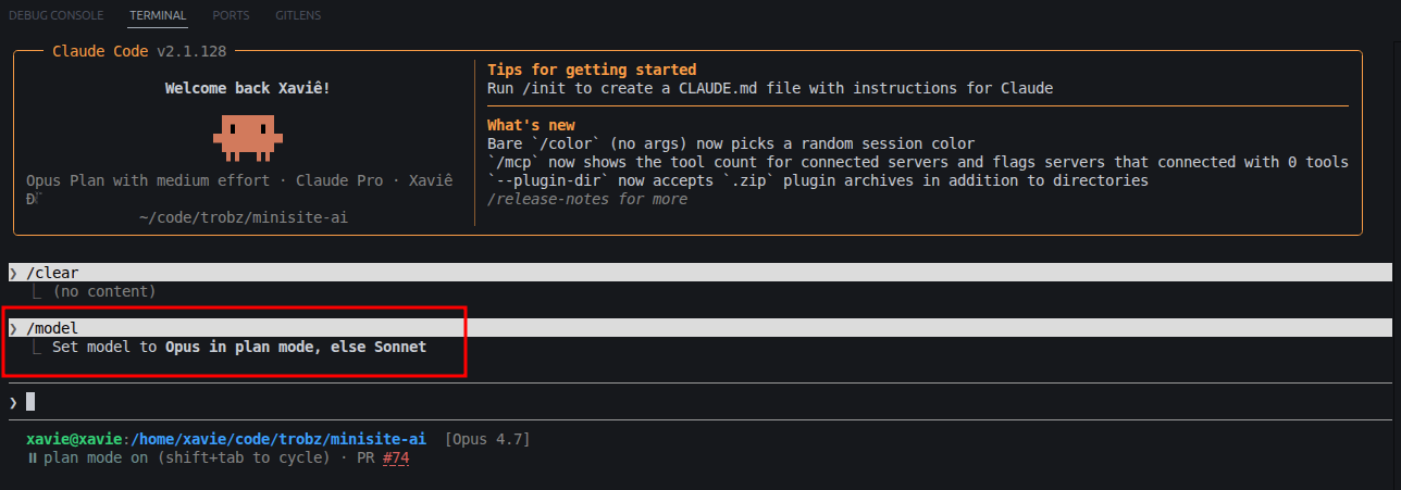 /model opusplan — status bar shows Opus 4.7 in plan mode